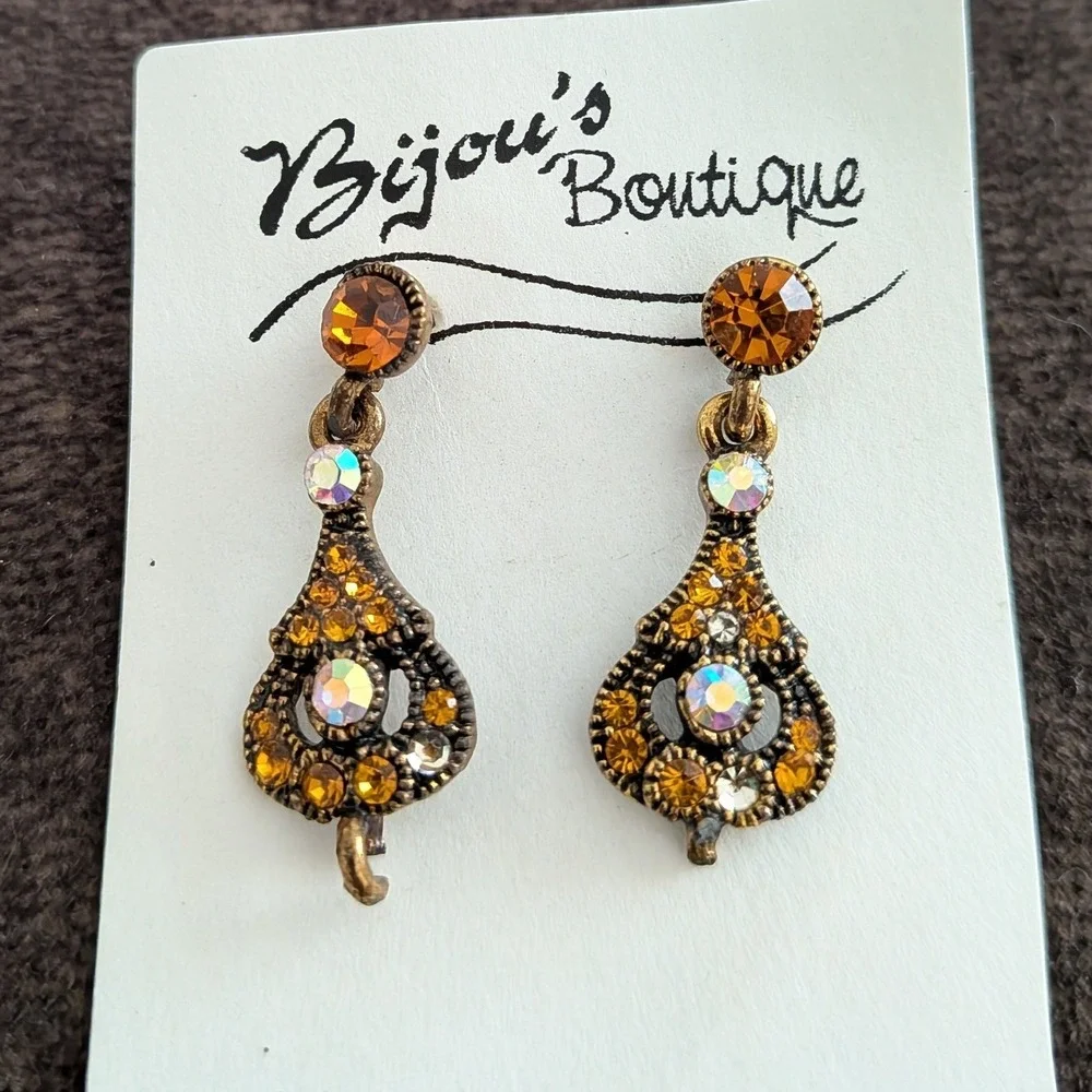 Boutique‎ Amber Aurora Borealis Rhinestone Antique Brass Drop Earrings NEW